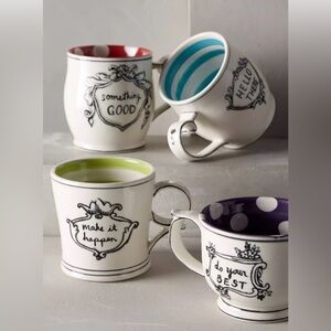 Anthropologie MOLLY HATCH Complete Mug Set Of 4 CROWNED LEAF Stripes Dot